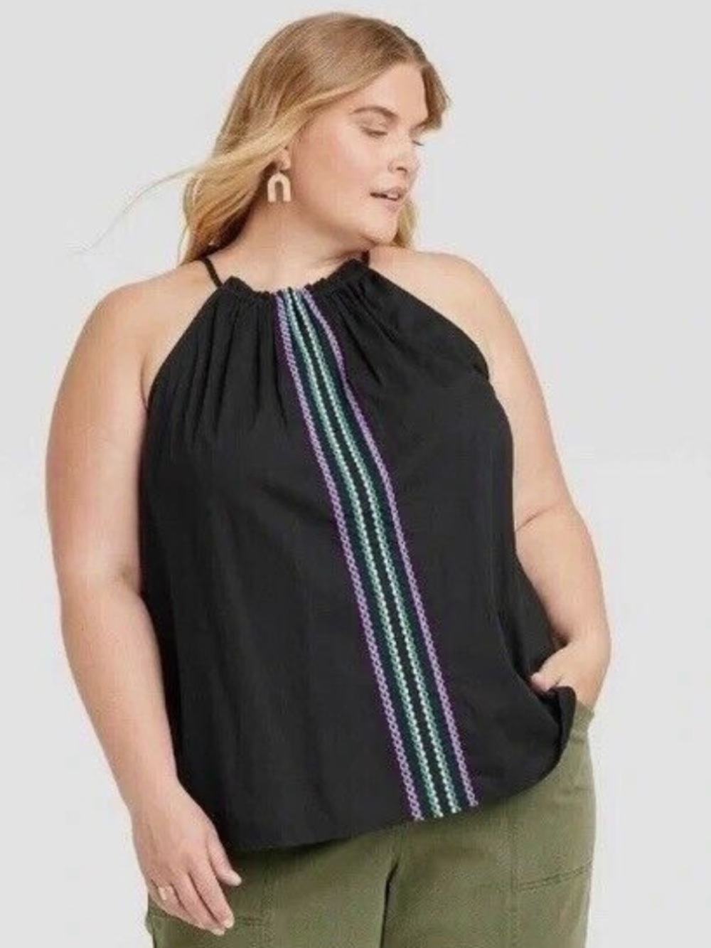 Knox Rose Black Halter Camisole with Purple and Green Stripe